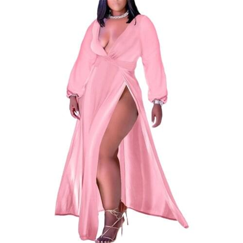 Sexy Long Sleeve V-neck Dress Women Red Blue Pink Split Elegant Plus Size 4XL 5XL Dresses Casual Party Chic Maxi Vestido