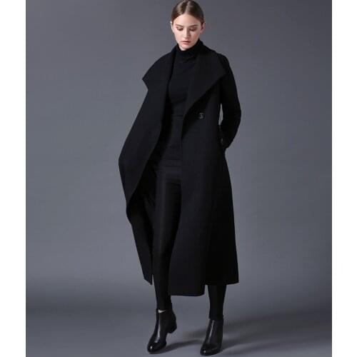 2019 winter womens wool coat lapel black dark blue long section listing large size
