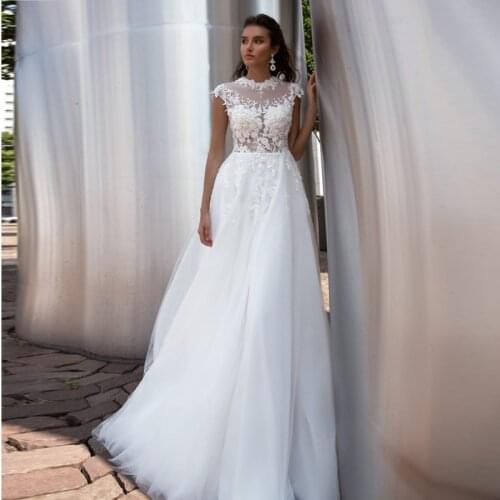 9623#Classic Tulle Wedding Dresses 2021 Illusion O-Neck Cap Sleeve Applique Beading Bridal Gowns Vestido De Novia with Buttons