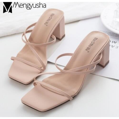 Cross Narrow Band Sandals Mujer 2019 Chunky Heels Slippers Women High Heels Gladiator Wedges Sandals Roman Flipflops