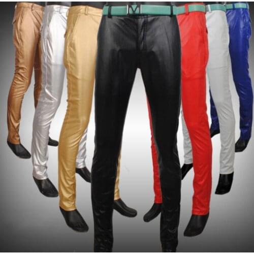 Spring autumn personality fashion motorcycle faux leather pants mens feet pants pu trousers for men pantalon homme youth red