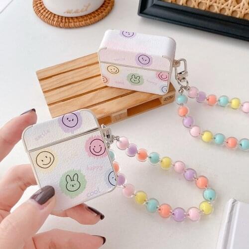 Earphone Cover Case For Apple AirPods 2 Pro 3 Case Cute Smiley Rabbit Soft Leather Headset Charging Box Colorful Beads Keychain