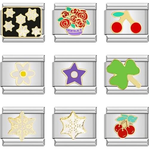 Hapiship Fashion Glaze Flower Star Snowflake Cherry Italian Links Charm Fit 9mm Bracelet Stainless Steel Jewelry Making DJ097