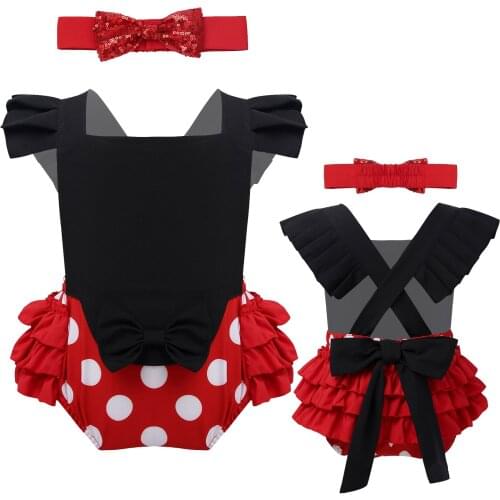 Infant Baby Kids Girls Christmas Costume Outfit Cute Bow Polka Dots Printed Ruffled Backless Romper Jumpsuit with Headband Set