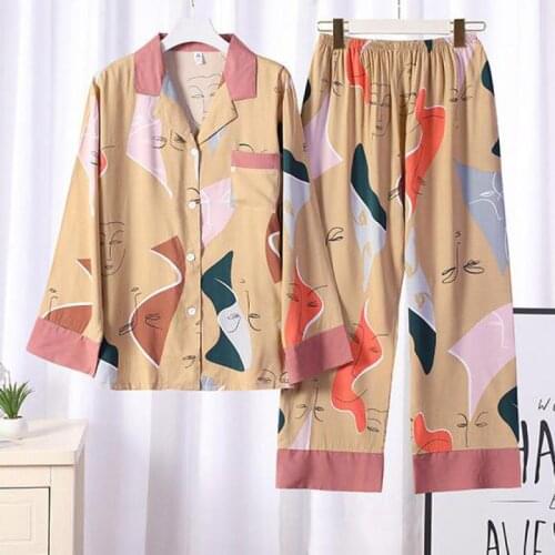 Print Spring Summer New 2PCS Pajamas Suit Cotton Nigthwear Intimate Lingerie Yellow Sleep Set Casual Sleepwear Homewear