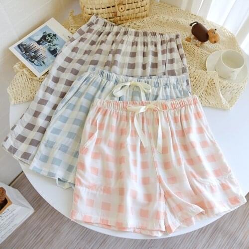 Summer new couple shorts 100% viscose fiber womens simple plaid mens loose five-point pajama pants bottoms cute pajama shorts