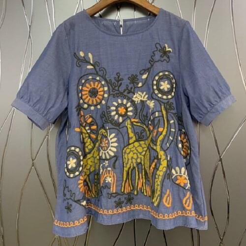 Newest Fashion Tops 2021 Summer Fashion Blouses Women O-Neck Cute Animal Embroidery Short Sleeve Casual Loose Tops Blue Black