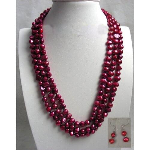 Genuine 100% natural 3row red Natural pearl necklace earring