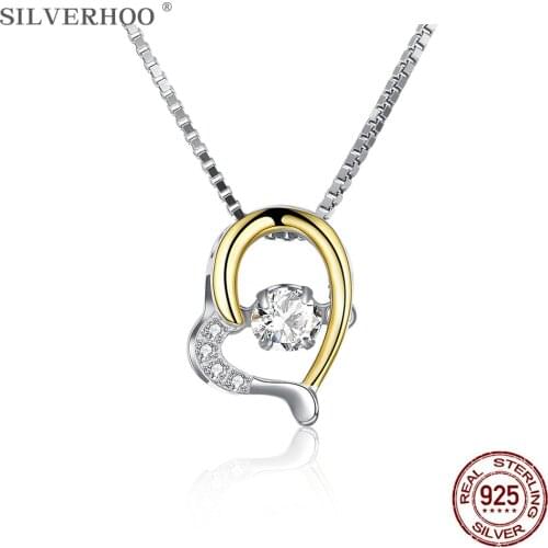 SILVERHOO 925 Sterling Silver Necklace For Girl Trendy Color Separation Hollow Heart Shape Pendent Necklace Inlay Zircon Jewelry