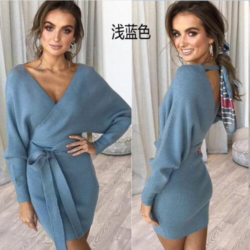 2021 autumn and winter new womens European and American urban sexy lace-up v-neck bag hip hedging long-sleeved ladies dress