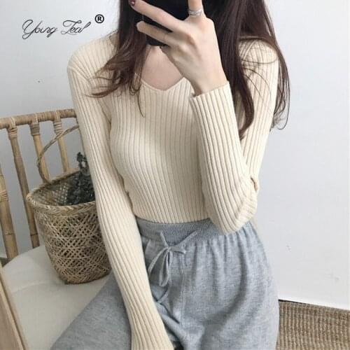 Slim Sexy V Neck Pullover Korean Fashion Patchwork Long Sleeve Stripe Warm Tops For Women 2021 Autumn New Sweet Knitted Sweaters