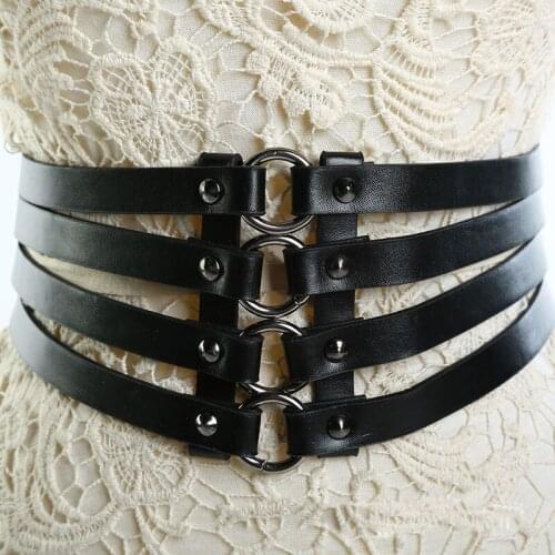 New Fashion Punk O Ring wide Four Rows leather belt for women Elastic slim style Body Sharper wide belt Lady Girls