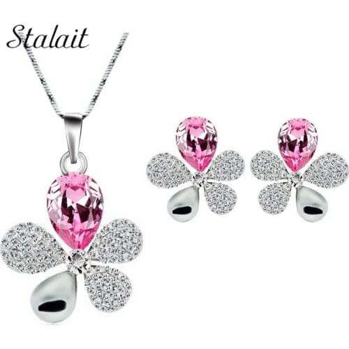 Silver Color Austrian Crystal rhinestones 5 leaf Pendant Necklace Earrings Jewellery Sets for Women 84147