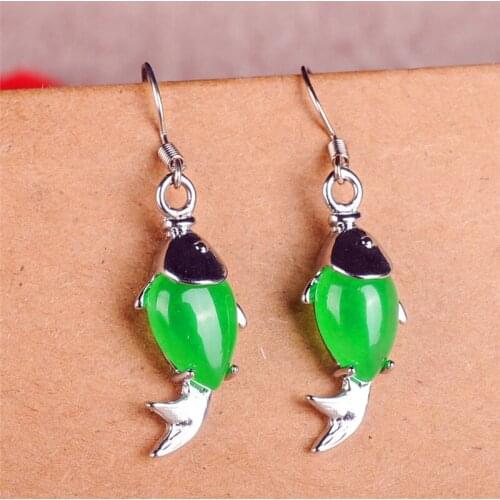 Natural Green Chalcedony Hand-carved Goldfish Earrings Fashion Boutique Jewelry Womens Earrings and Necklaces Two-piece Set