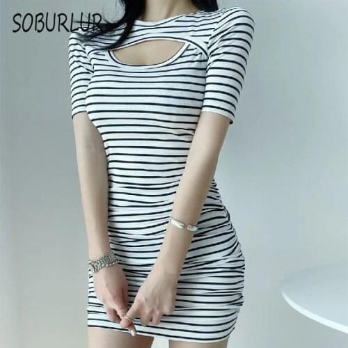 SOBURLUR Casual Elastic Womens Mini Dresses All-match Stripe Korean Fashion Sexy Elegant Package High-waisted Dreess Female