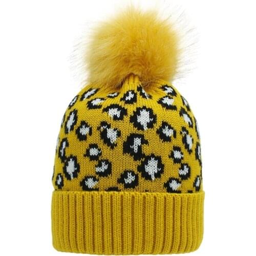 Women Winter Warm Knitted Beanie Hat Retro Leopard Fuffy Pompom Cuffed Skull Cap Y1QD