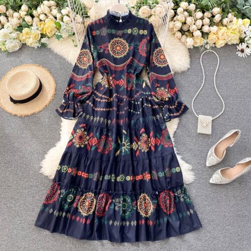 Womens Spring Autumn Runway Fashion Long Sleeve Print Dress Female Travel Chic Party Dress TB1794
