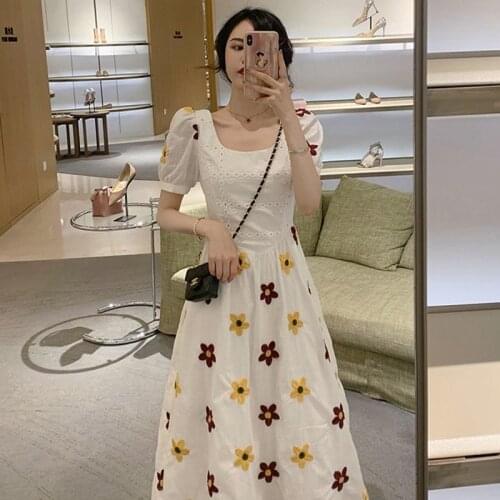Embroidery Flowers Dress Women 2021 Summer New Preppy School Style Hollow Out Lace Short Puff Sleeve Slim Waist Floral Dresses