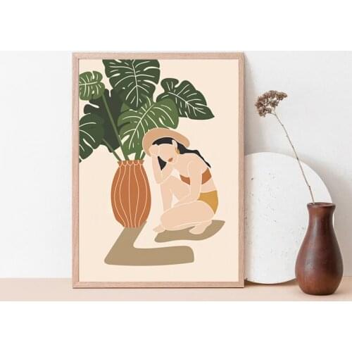Woman Plant Boho Wall Art Prints Clay Pot Monstera Leaves Poster Tropical Wall Picture Botanical Canvas Painting Bedroom Decor