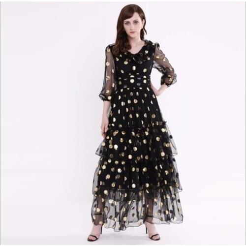 2021 Spring Summer Dress V Neck Sequins Black Mesh Fashion Womens Clothes Long Sl eeve GUO