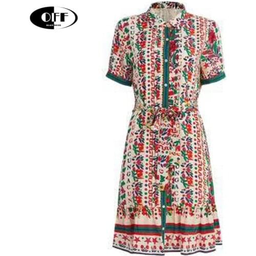 Designer women summer mini dresses elegant floral letter printed loose vintage short sleeve office style shirt dress robe femme