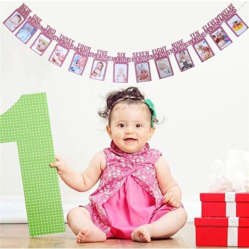13 Cardstocks Photo Banner Baby Shower Birthday Party for affixing from new BORN to12th Month Photos Wall Decoration