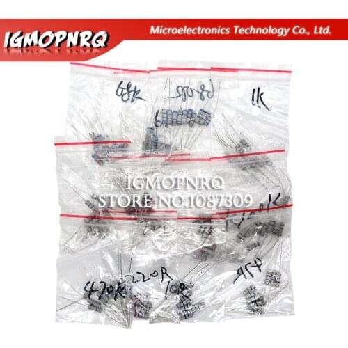 200pcs 1W 5% Resistor Assortment Kit 20Value 10 ohm - 1M ohm Resistor Set 22R 47R 100R 220R 470R 1K 4.7K 100K ohm Resistance