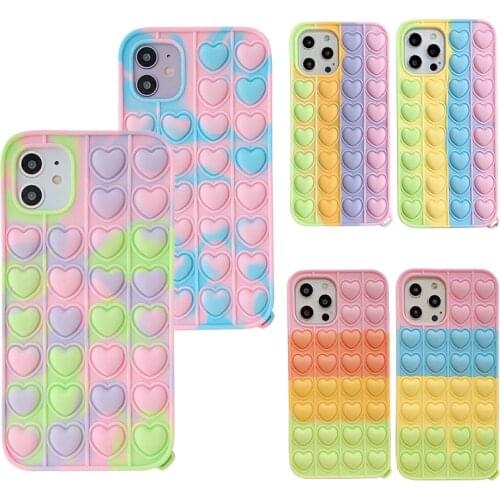 3D Heart Fidget Reliver Stress Toys Case for iPhone 12 11 Pro Max SE2020 X XR XS Max 6 6s 7 8 Plus Push It Bubble Silicone Cover