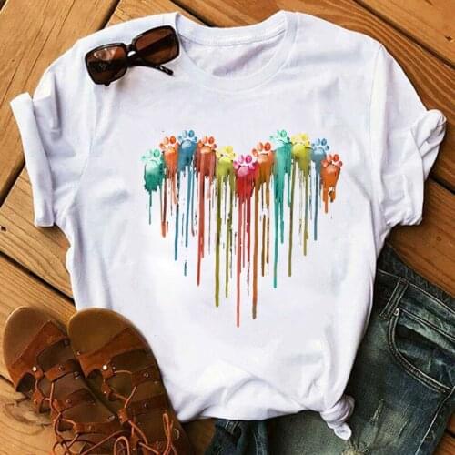 Watercolor Dog Paw Heart T Shirt Summer Fashion Women Tshirt Cute Tee Shirts Harajuku Top Tee Short Sleeve Cartoon Female Tshirt