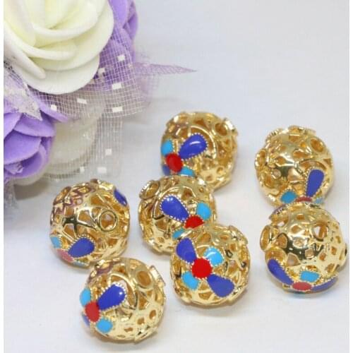 Free shipping high grade 13mm approx round spacers beads cloisonne accessories carved enamel 5pcs gold-color jewelry B2471