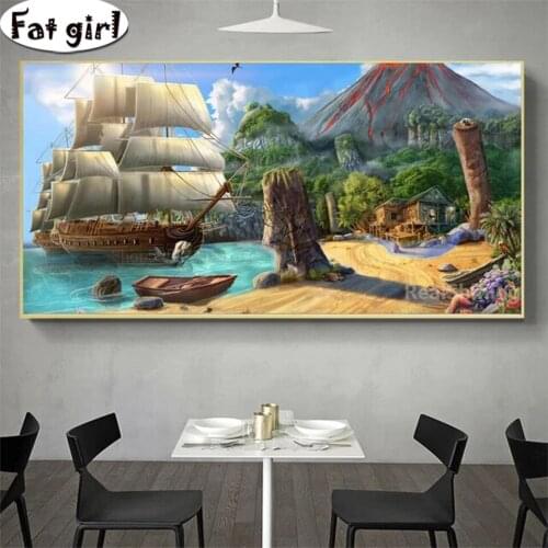 Large diamond painting embroidery start sailing picture cross stitch mosaic Natural mountain 5d Diy Square round drill Art mural