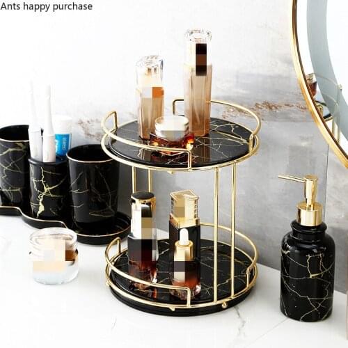 Home Bathroom Desktop Shelf Marbling Ceramics Iron Art Double Storage Rack Cosmetic Organizer Rotatable Storage Decoration Rack