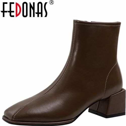 FEDONAS 2021 Working Casual Women Ankle Boots Brand Classic Thick Heels Square Toe Genuine Leather Shoes Woman Autumn Winter