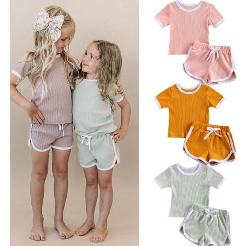 FOCUSNORM Lovely Infant Kids Girls Clothes Sets 0-3Y Solid Knit Short Sleeve Pullover T Shirts Tops Shorts 2pcs