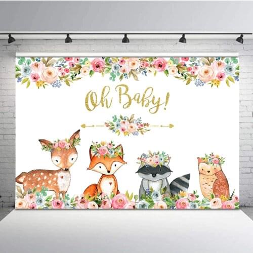 Woodland Baby Shower Backdrop Safari Animal Fox Flowers Photography Background Oh Baby Birthday Party Banner Backdrops