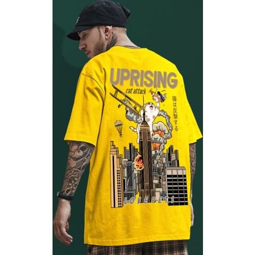 Cat T-Shirt Summer Short Sleeve Tops Tees Cotton Print Tshirts Men Hip Hop T Shirt Streetwear Japanese Kanji Harajuku Funny