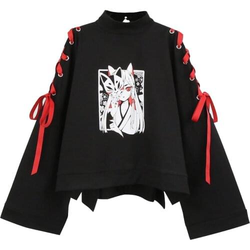 Harajuku Anime Fashion Tees Shirt Women T Shirt Long Sleeves O-Neck Cartoon Print Patchwork Lace Up Tops Sweatshirt Tshirt N4