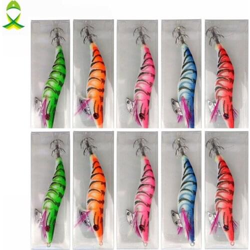 JSM 10pcs Plastic Hard Squid Jig Lures Sea Fishing Artificial Squid Jigs Bait Wood Shrimp Squid Jigging Lures Fishing Hook