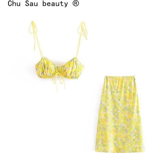 Sexy Suspender Crop Top + Midi Skirt Suit Floral Tube Top Tops Elastic Waist Floral Stitching Skirt Suit Woman Two-Piece Suit