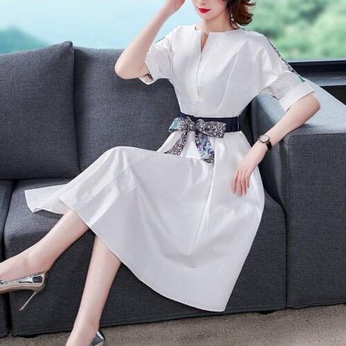 Summer Casual Print 3XL Plus Size Shirt Dress Elegant Bodycon Party Women Vestidos 2021 Vintage Office Lady White Midi Dresses