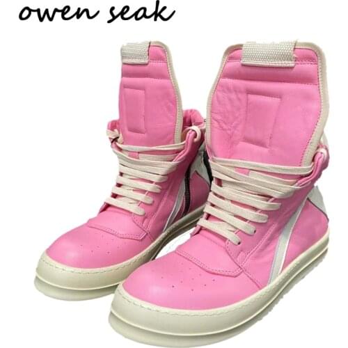 Owen Seak Women Motorcycle Leather Men High-TOP Luxury Mid-Calf Spring Riding Boots Lace Up Casual Zip Street Flats Pink Shoes