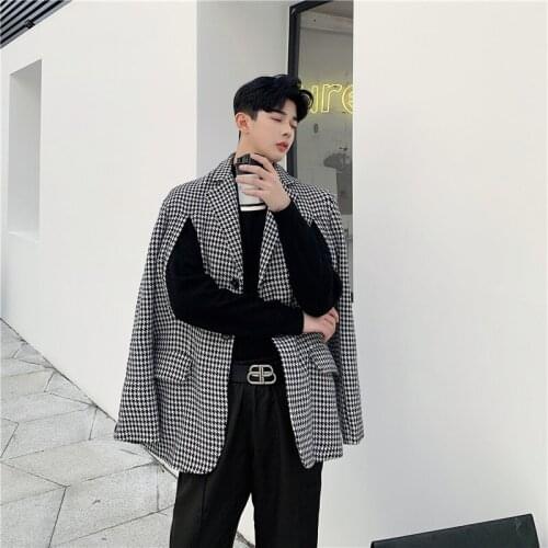 Men 2 Style Wear Loose Casual Thick Plaid Suit Coat Shawl Male Vintage Streetwear Fashion Blazer Jacket Outerwear
