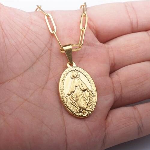 Gold/Silver Color Stainless Steel Virgin Mary Necklace For Women Statement Necklace Metal Medalla Virgen Maria Cross Choker