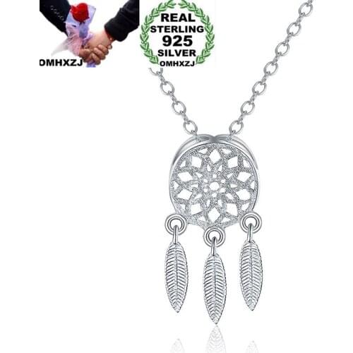 OMHXZJ Wholesale Personality Fashion OL Woman Girl Party Gift Silver Net Feather 925 Sterling Silver Charm Pendant Necklace CH72