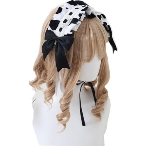 Kawaii Cow Pattern Lolita Headdress KC Hair Band Cosplay Headband Lace Plush Hair Hoop Hairpin JK Hair Accessories