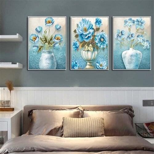 Plant Landscape Blue White Flower Tree Vase Animal Deer Canvas Painting Wall Picture Printing Poster Living Room Home Decoration