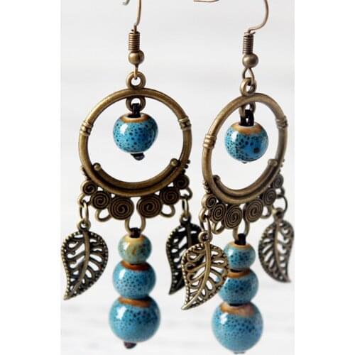 1 Pair Retro Ethnic Style Alloy Ceramics Drop Earrings Big Circle Leaf Round Beads Ear Jewelry Accessories Crafts For Women