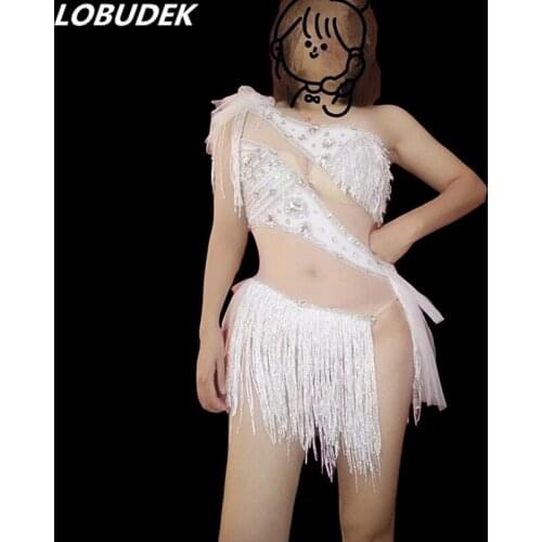 Sexy See-through White Tassels Crystals Bodysuit One-Shoulder Perspective Tights Bar Club DJ Jazz Leotard Stage Wear Nightclub
