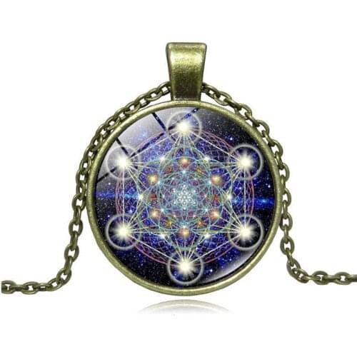 Glass Pendant Necklace Sacred Geometry Crystal Round Time Gem Necklace For Women For Men