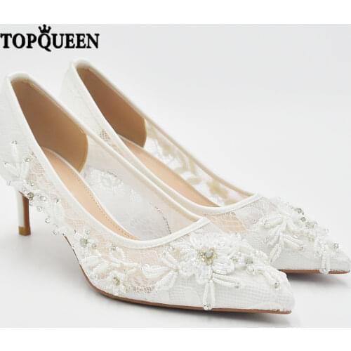 TOPQUEEN-A04 Bridal Shoes Hand Made Embroidrey Flowers High-Heeled Elegant Ladies Sandals Sexy wedding shoes and wedding lace